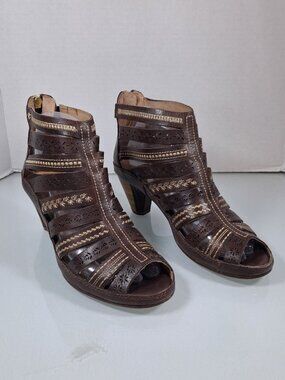 Pikolinos Brown Leather Open Toe Block Heel Gladiator Womens Sandal Size 38/ 7.5